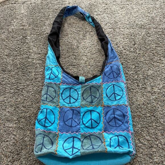 Handmade Hippie Nepal Boho Crossbody Shoulder Bag Purse Blue Peace Signs Zipper - Picture 1 of 12